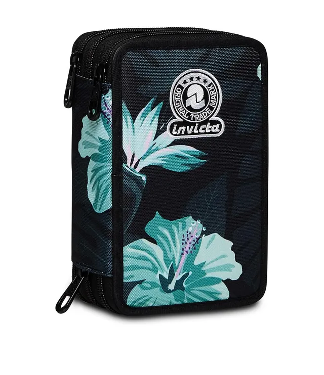 invicta-astuccio-scuola-3-zip-fantasy-hibiscus-nero-a-fiori-completo-di-44-pezzi image 1