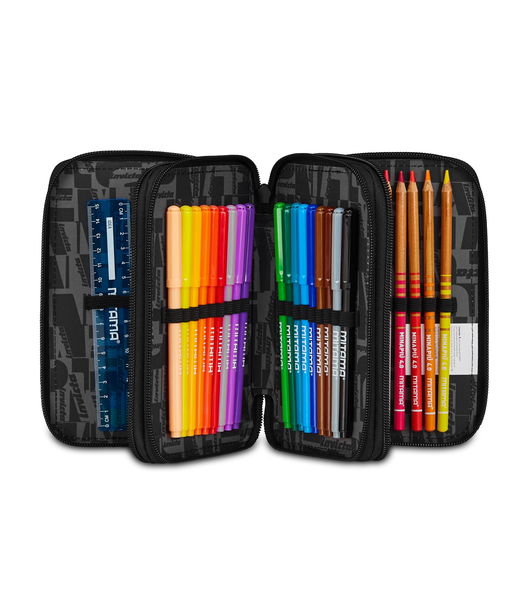 invicta-astuccio-scuola-3-zip-fantasy-nero-con-penne-e-matite-incluse-triplo-sco image 2